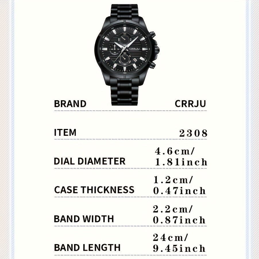 CRRJU Fashion Men's Watch, Business Solid Stainless Steel Multifunctional Chronograph Watch