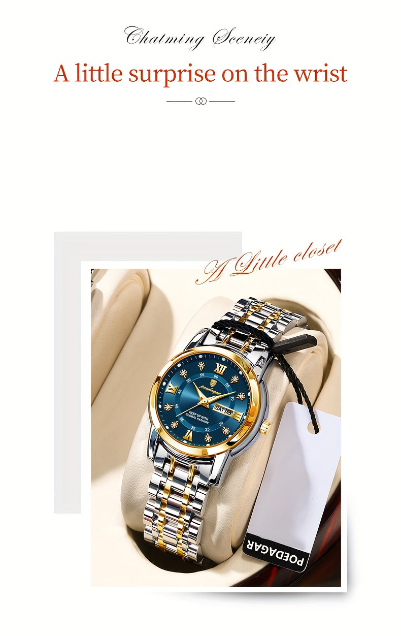 POEDAGAR Elegant Stainless Steel Quartz Watch for Women, Luminous Calendar, Round Alloy Case, Trendy Korean Style, Non-Rechargeable Battery, Watch Accessories