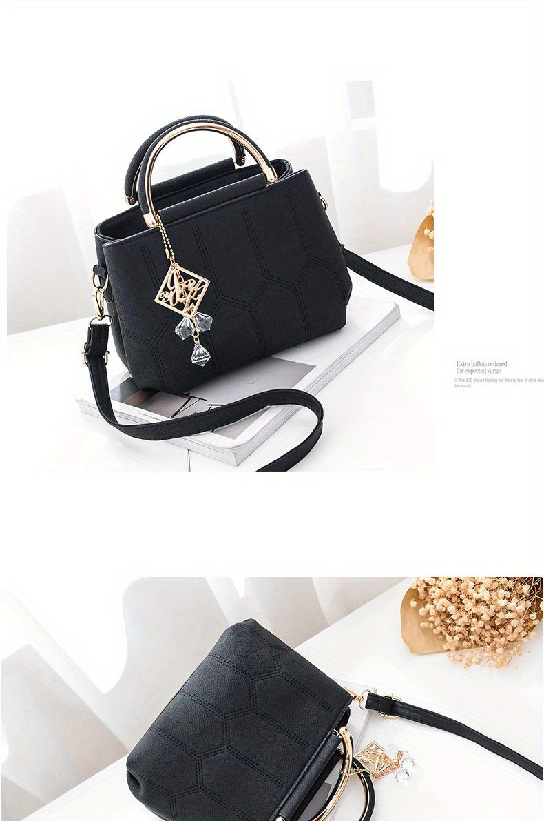 2025 New Women's Geometric Hexagon Pattern Crossbody Bag with Adjustable Strap & Golden-Tone Hardware - Zipper Closure, Polyester Lining, Multiple Colors (Khaki/Dark Gray/White/Pink/Red/Black) - Versatile for Casual & Formal