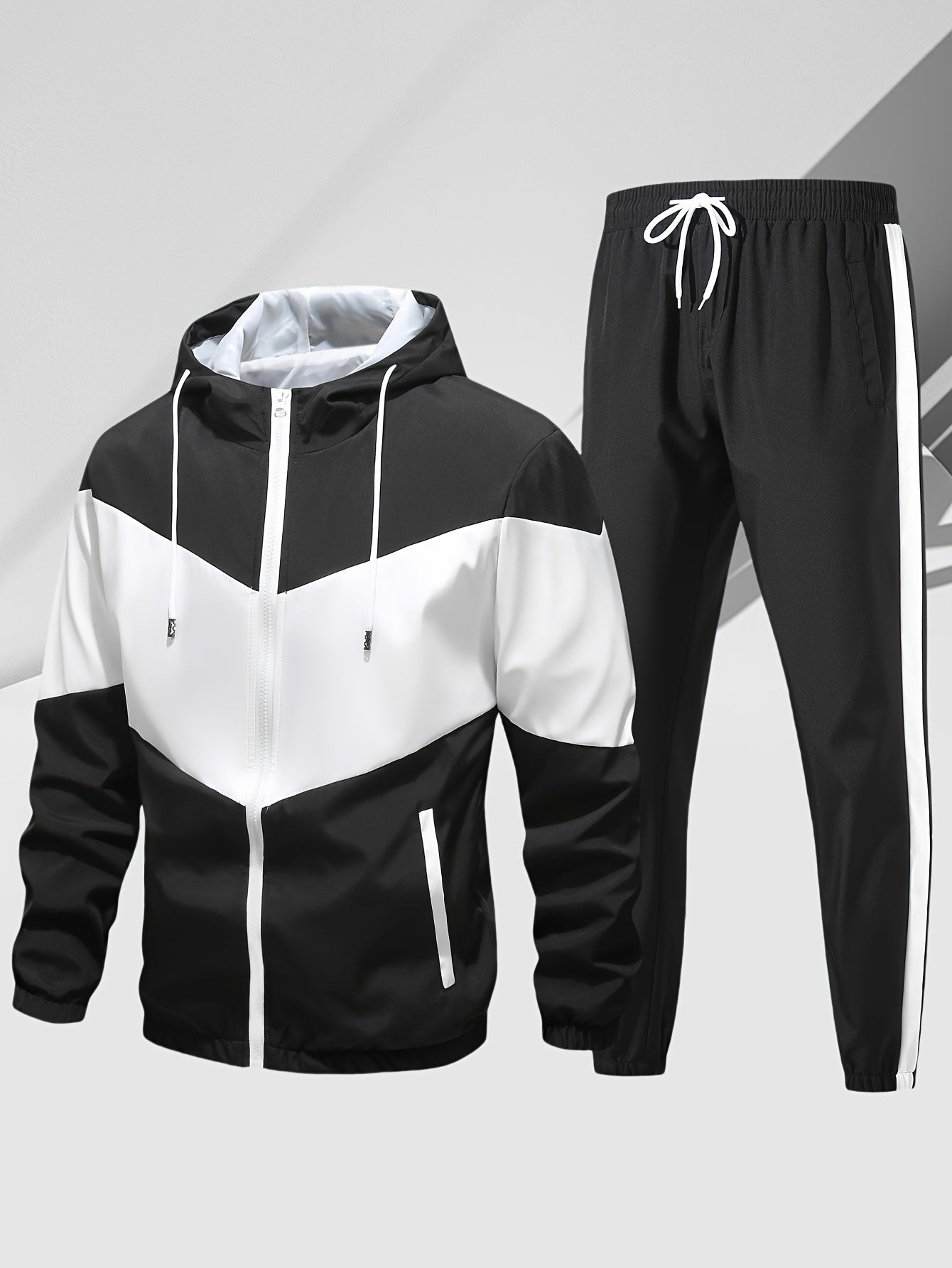 Men's Casual 2-Piece Outfit, Stylish Color Block Zip Up Hooded Jacket, Breathable Solid Color Drawstring Pants