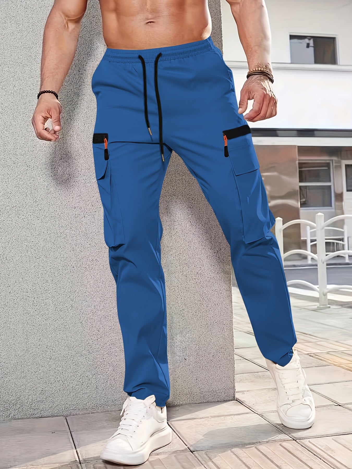 1pc Men'S Fashion Casual Cargo Pants, Solid Color Polyester Non-Stretch Fabric, All-Season Regular Fit with Multiple Pockets, Woven Straight-Leg Trousers for Sports and Leisure