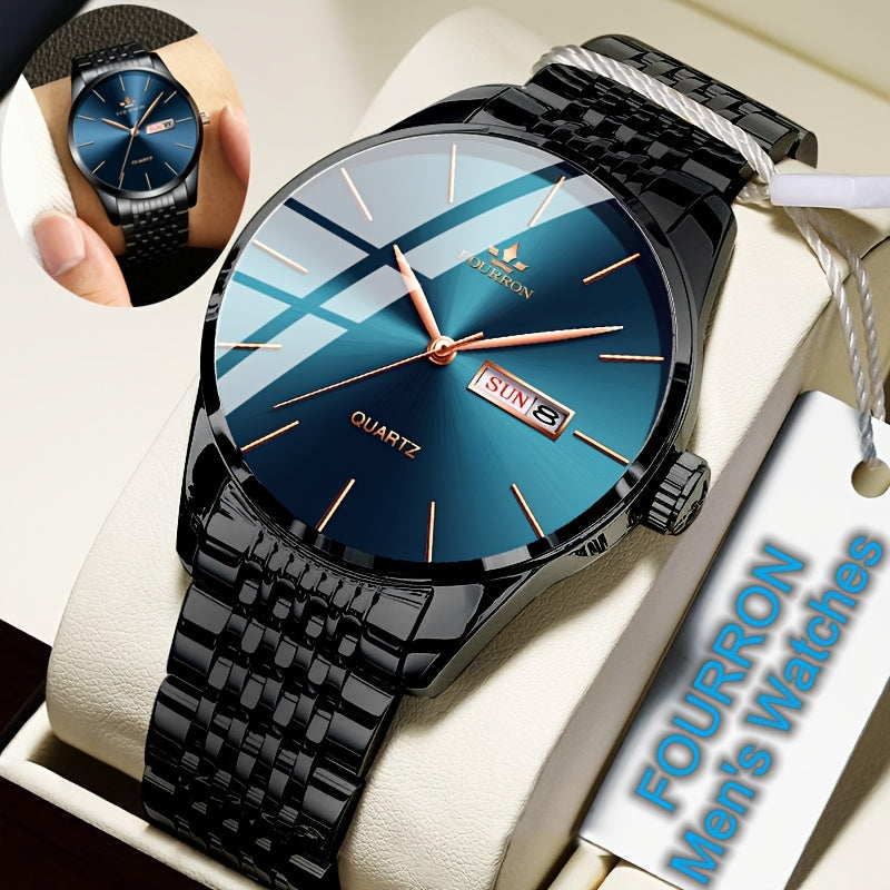 An Ideal Choice For A New FOURRON Brand Men's Luxury Stainless Steel Strap Simple Dial Quartz Watch With Date Calendar, Trendy Fashion Sports Casual Lifestyle Travel Multi-function Watch, Ideal For Friends' Birthdays, Holiday