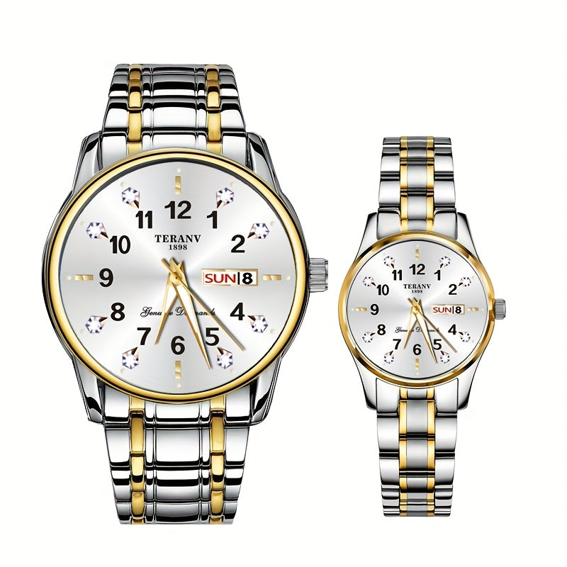 Two Stylish Digital Round Dial Couple'S Quartz Watches - IPX7 Waterproof, Luminous, Dual Calendar, Date and Day/Week Display, Alloy Strap Business Watches, Suitable for Women and Men, Valentine'S Day Gift Wristwatches
