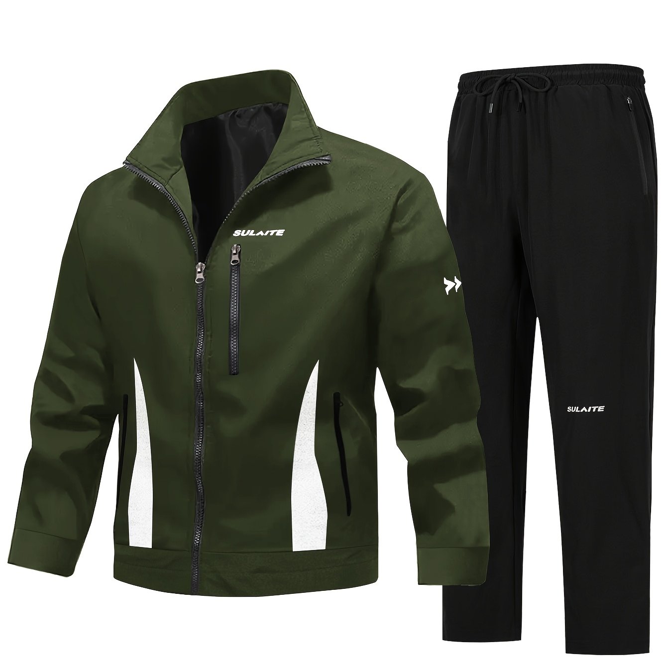 Men'S Casual Sportswear Set - Black Jacket with Zipper Pockets & White Accents, Matching Pants, Perfect for Spring & Fall, Sportswear Outfit|Zippered Jacket|Functional Pockets