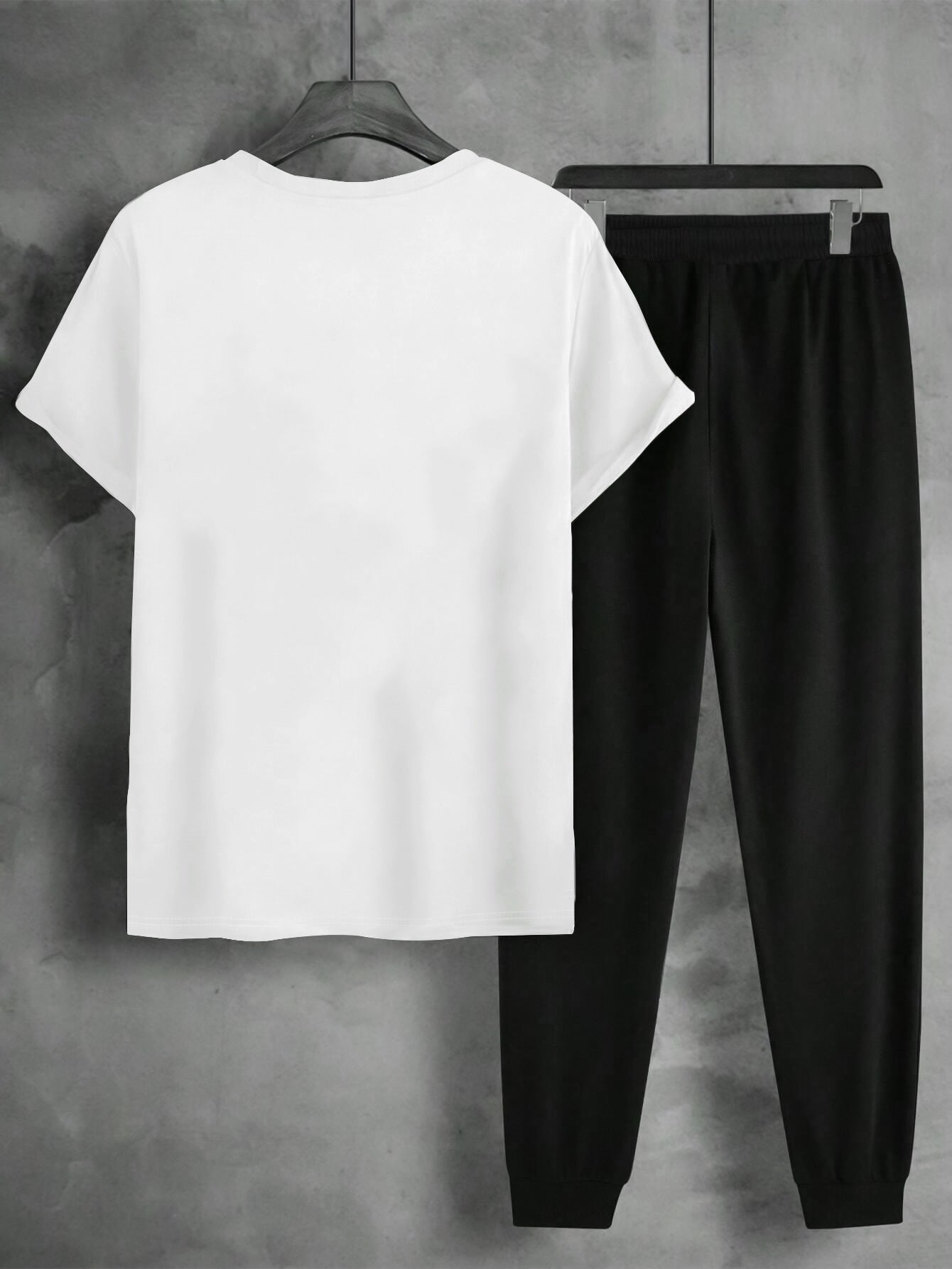 1set Men'S Casual Sportswear Set, Geometric Pattern Short Sleeve T-Shirt and Drawstring Joggers, Knitted Polyester and Elastane Blend, Round Neck, Regular Fit, Four Seasons Outfit