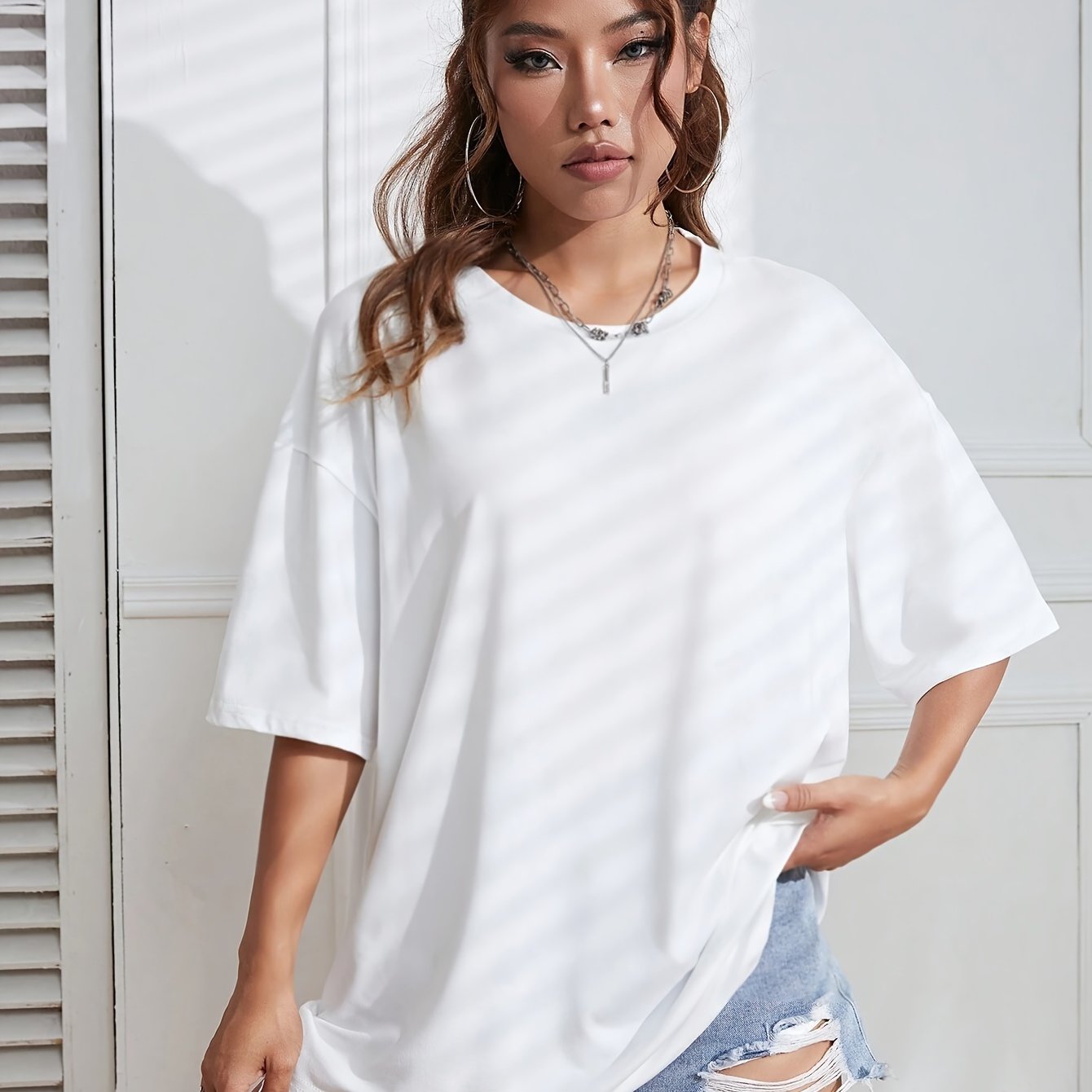 Y2K Retro American Casual Crew Neck T-Shirt, 100% Polyester Knit Fabric, Solid Color, Drop Shoulder Long Sleeve, Medium Stretch Pullover for Spring/Summer/Fall - Fashionable Loose Fit Tee