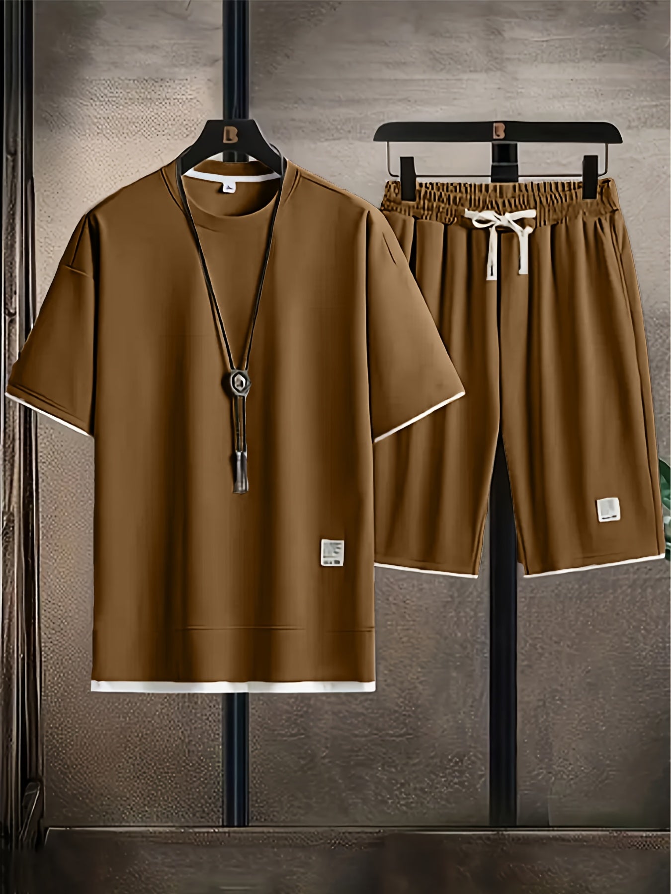 Waffle Grid Men's Trendy Round Neck T-shirt Breathable Casual Sports Suit Loose Two-Piece Set