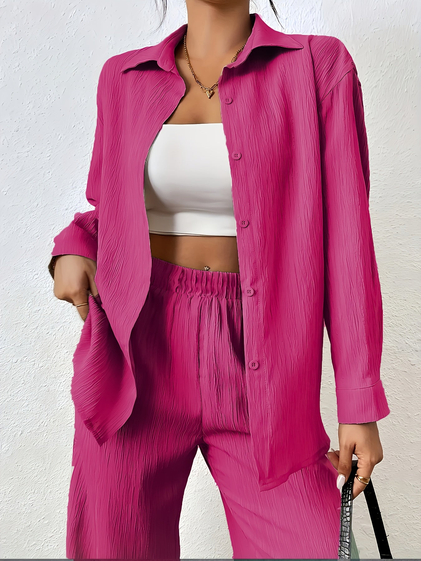 Women'S Casual Solid Color Long Sleeve Shirt + Long Pants 2pcs Set for Spring And Autumn.