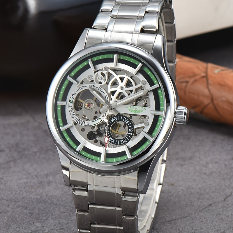Men's Business Leisure Automatic Mechanical Watch, Stainless Steel with Blue Accents, Transparent Back, Date Display, Water-Resistant up to 10m, Ideal Gift, Business Watch | Mechanical Aesthetic | Stainless Steel Band