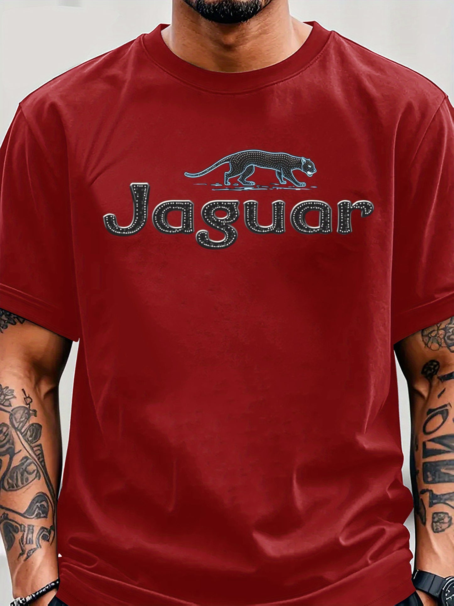 Men'S Jaguar Print Y2K Style T-Shirt - Red, Breathable & Comfortable Short Sleeve Crew Neck Tee for Casual Wear, Outdoor Activities, and Everyday Comfort, Everyday Clothing | Y2K Fashion Tee | Comfortable Fit