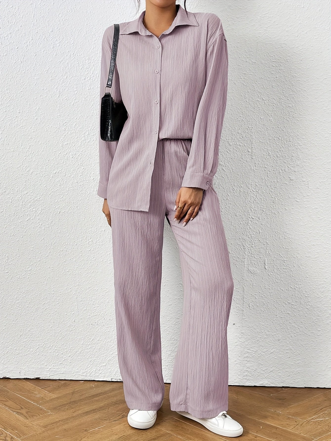 2pcs Women Spring & Autumn Casual Solid Color Long Sleeve Shirt And Pants Set