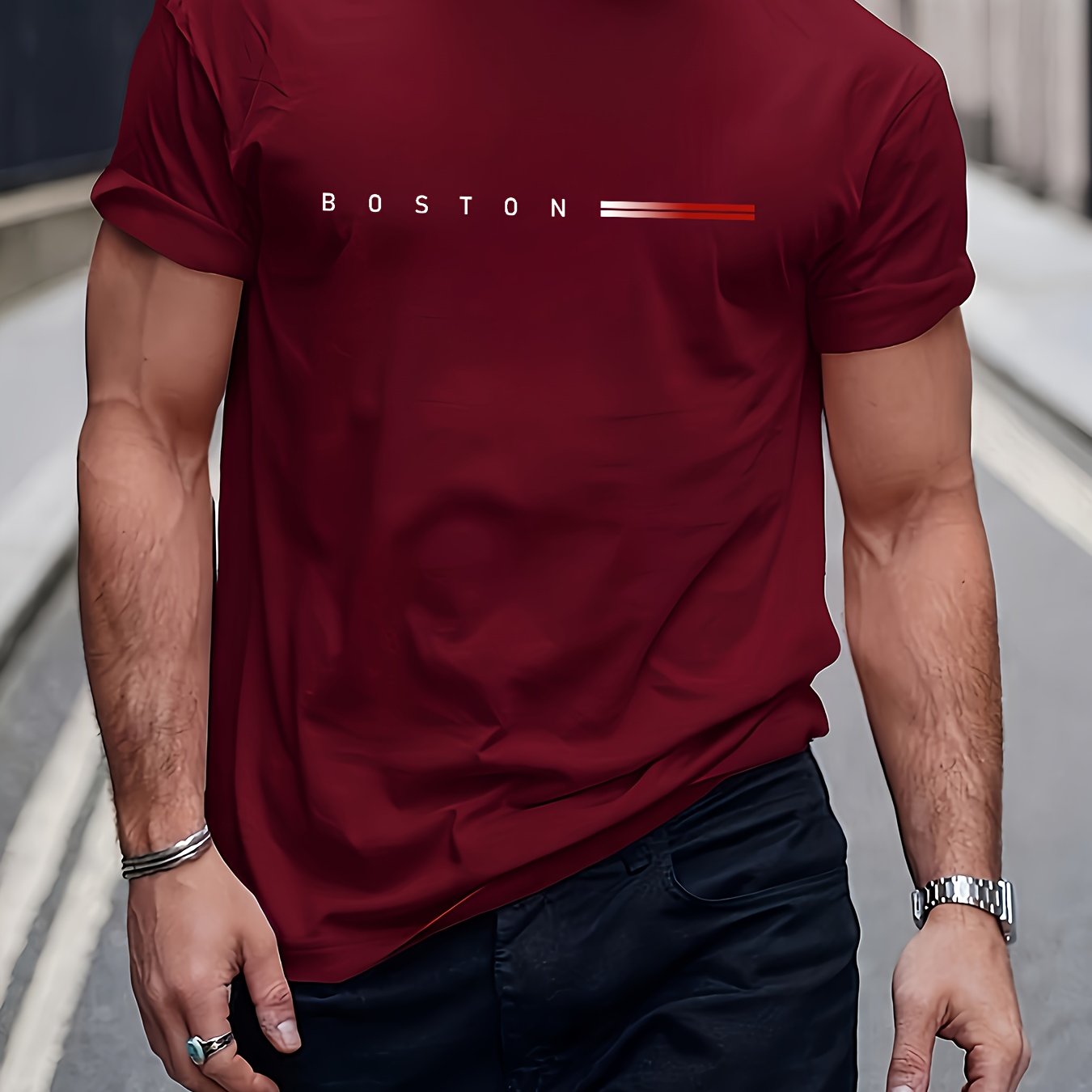 Men's Heavyweight 180gsm Cotton T-Shirt - Dark Gray Crew Neck Tee with Bold "Boston" Print, All-Season Everyday & Formal Shirt for Men - Machine Washable Luxury Casual Top, Versatile Clothing, Modern Design, Premium Fabric, S
