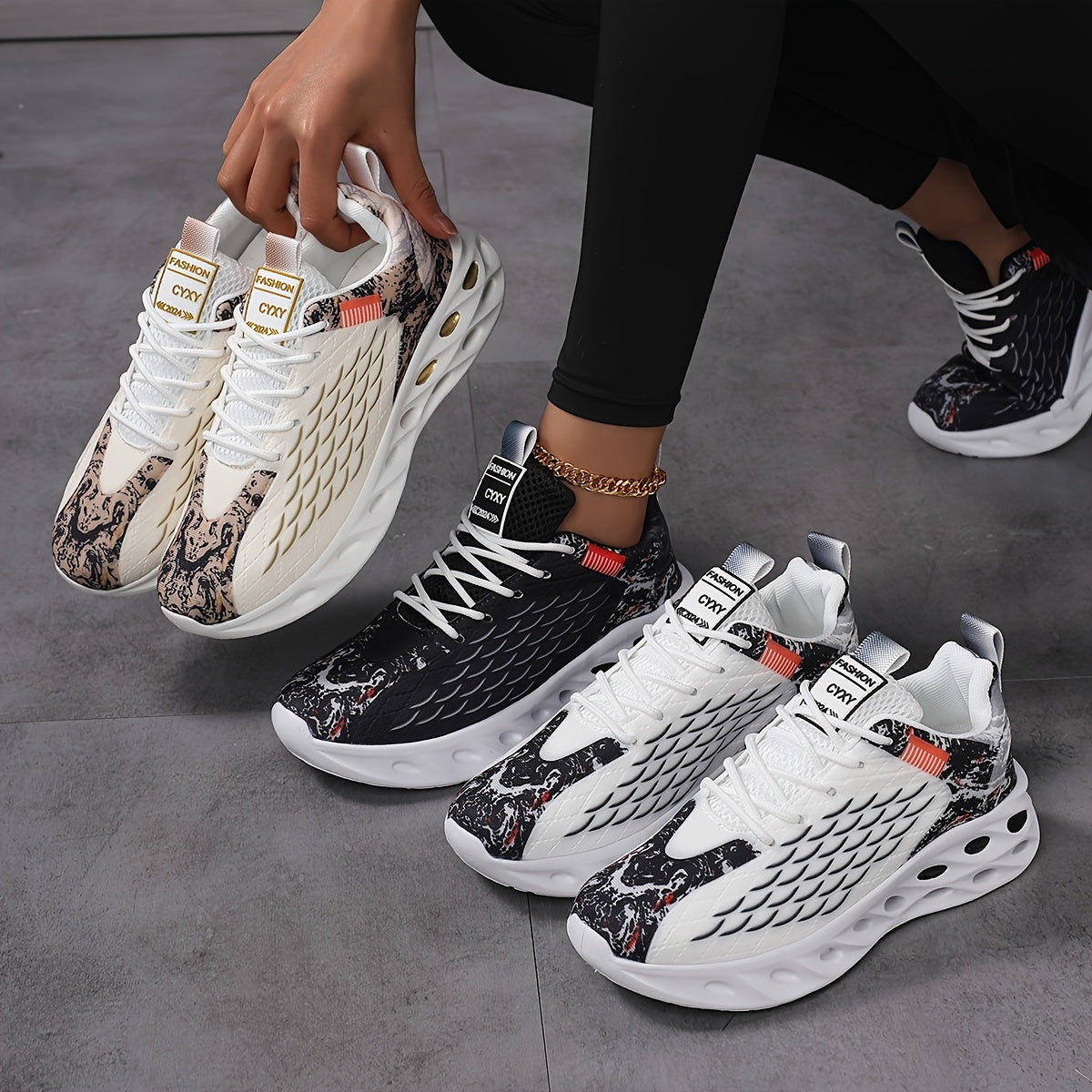 New Fish Scale Large Size Women's Couple Lace-Up Breathable Knitted Running Shoes, Fashion Casual Trendy Sports Sneakers with Perforated Soles and Comfortable High-Top Coconut Design