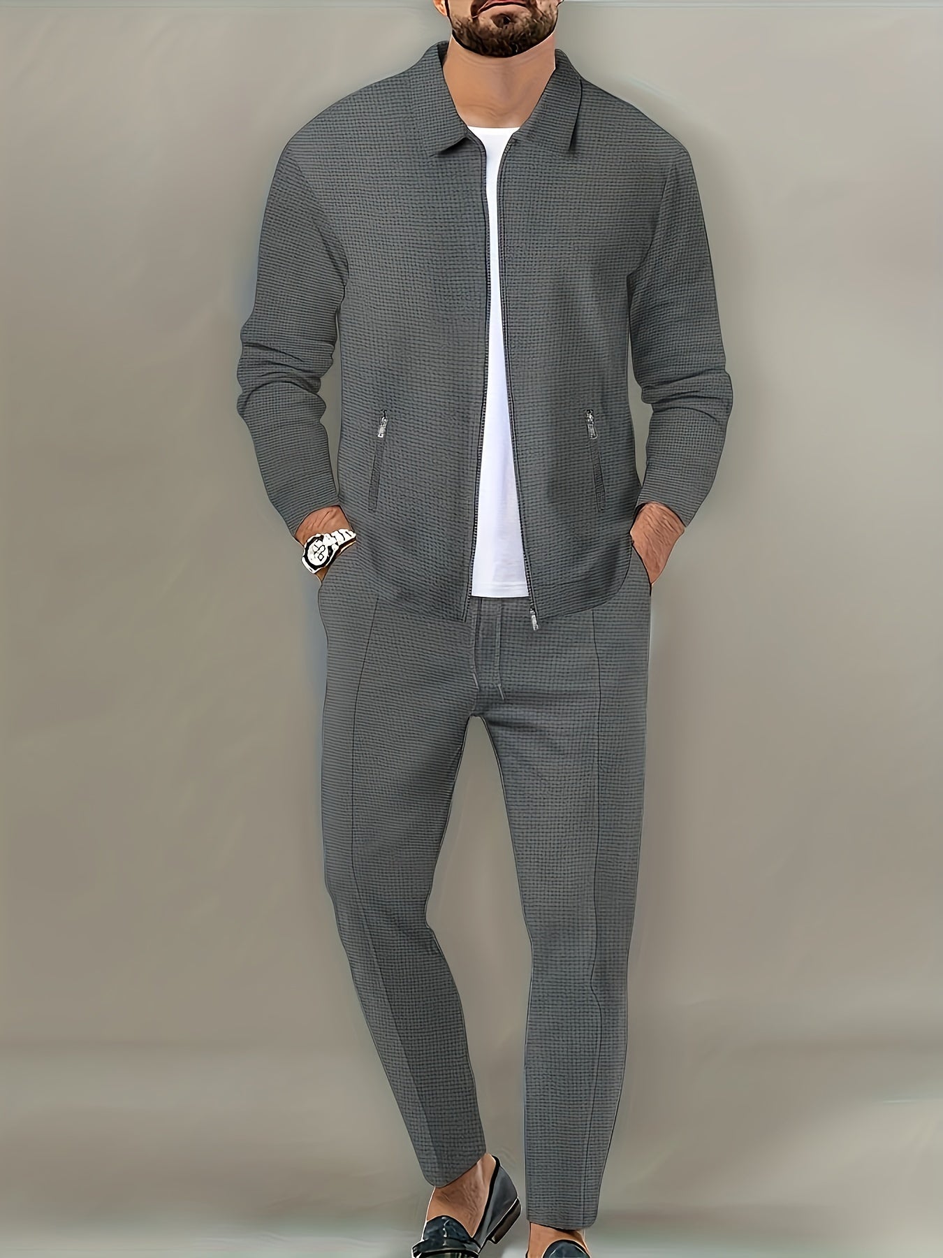 Men's Solid Waffle 2pcs Athletic Outfits, Zip-up Jacket & Pants co ord set for Outdoor Sports
