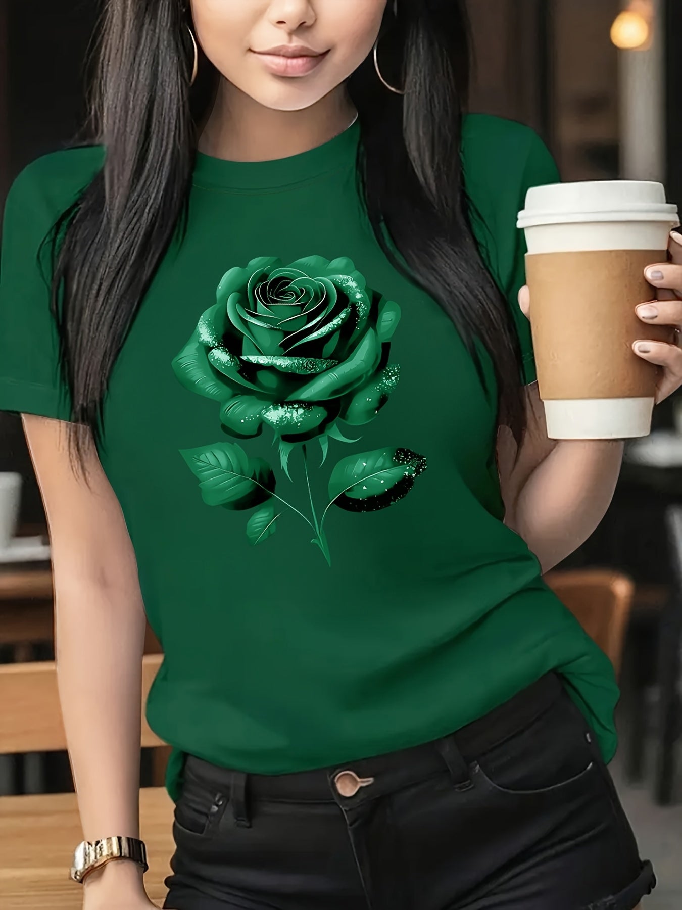The Black Roseprint t-shirt, short sleeve crew neck casual top for summer & spring, Women's clothing gift
