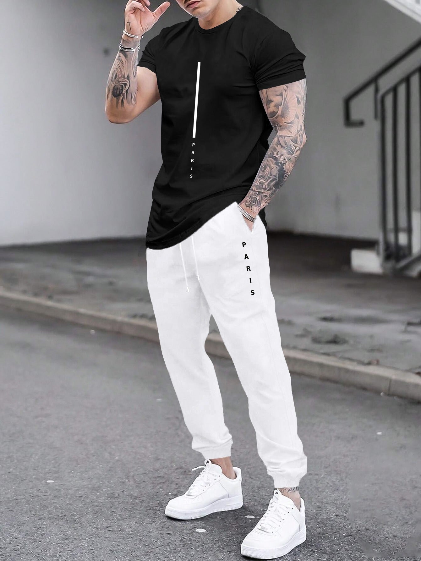 1set Men'S Casual Sportswear Set, Geometric Pattern Short Sleeve T-Shirt and Drawstring Joggers, Knitted Polyester and Elastane Blend, Round Neck, Regular Fit, Four Seasons Outfit