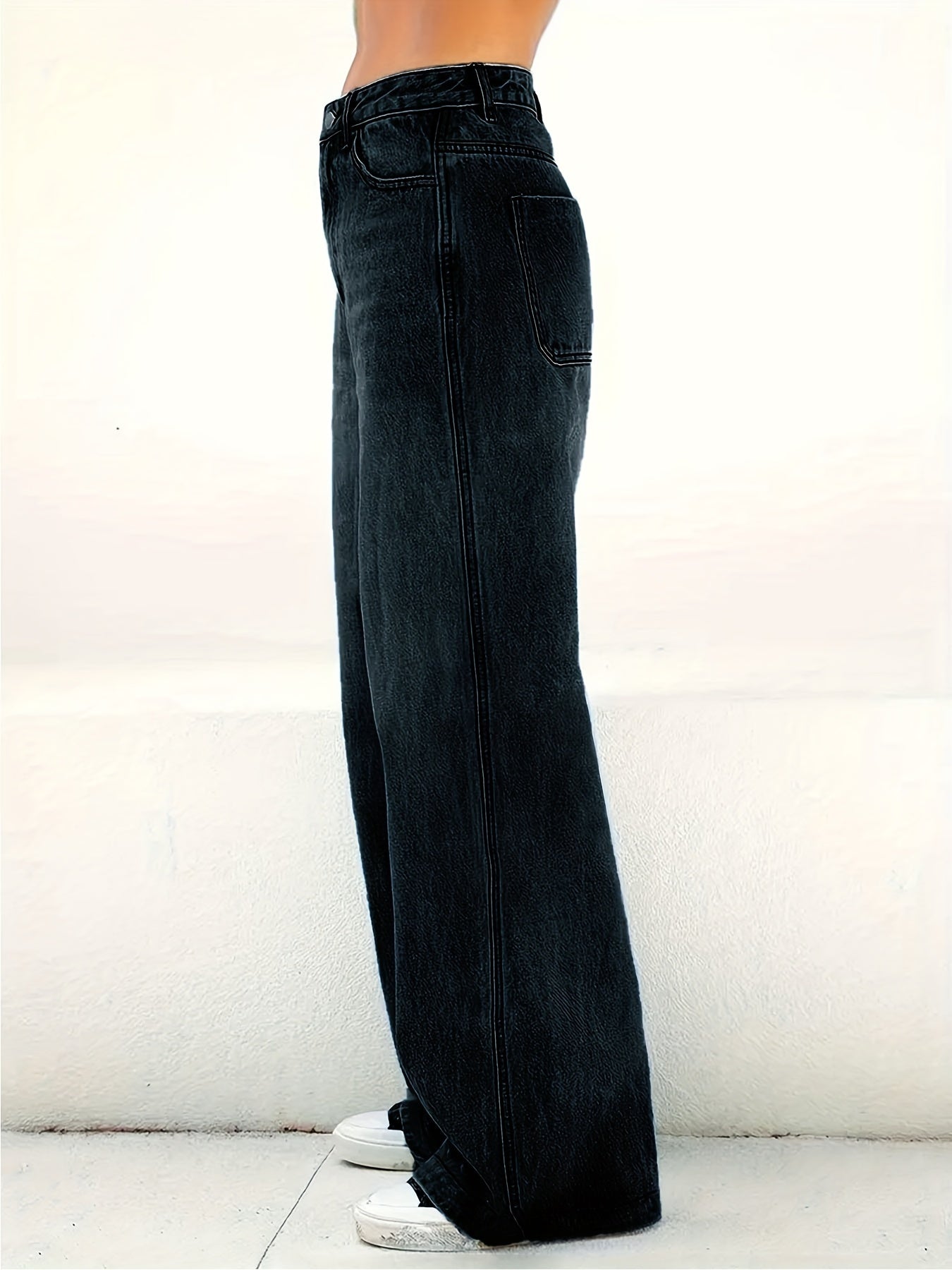 Women'S Elastic Mid -Waist Straight Jeans, Loose And Stylish Wide -Leg Casual Pants, Multi -Pocket Black Water Washing Jeans, Comfortable Version, Four Seasons Can Be Worn
