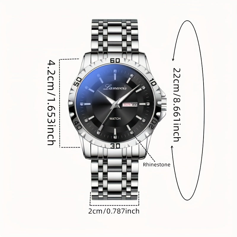 1pc Men's Business Style Stainless Steel Strap Watch - IPX7 Waterproof, Luminous Hands & Dial, Calendar & Week Display, Quartz Movement, Travel Leisure Sports Watch with Gift Box, Luxury Wristwatch | Sleek Metallic Finish | D