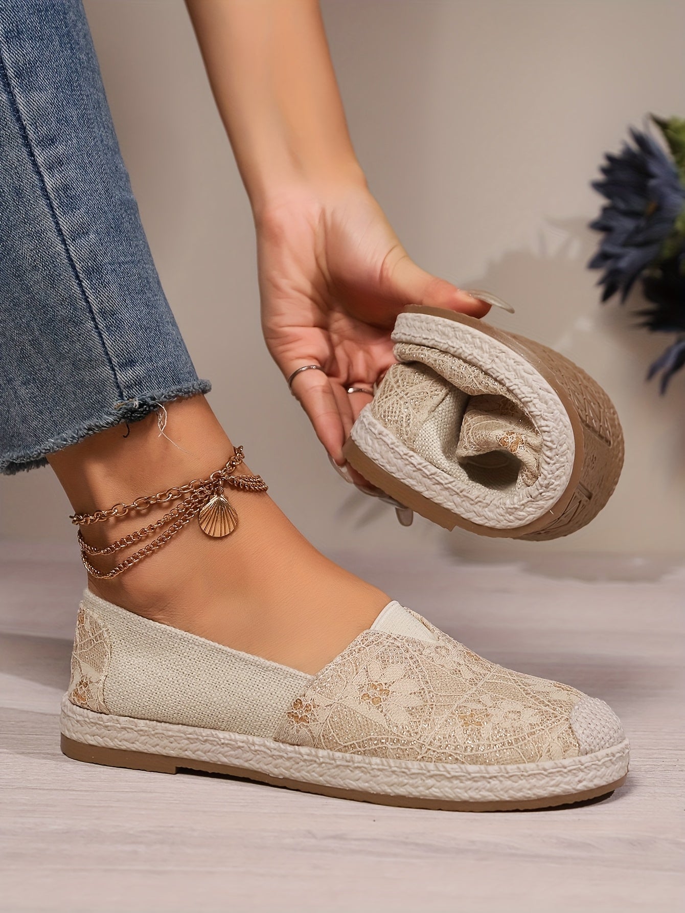 Women's Breathable Slip-On Loafers - Soft Sole Casual Walking Shoes, Lightweight & Comfortable, Beige Floral Pattern Fabric Upper, PU Cover Sole, Perfect for Casual Attire, Allseason Loafers | Slipon Comfort | Soft Sole Shoes