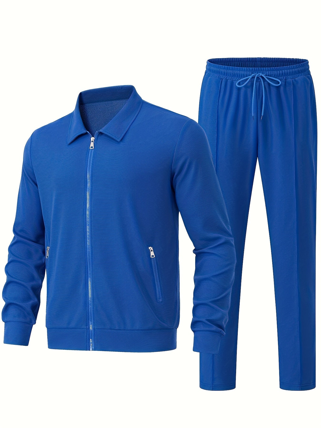 Men's Solid Waffle 2pcs Athletic Outfits, Zip-up Jacket & Pants co ord set for Outdoor Sports