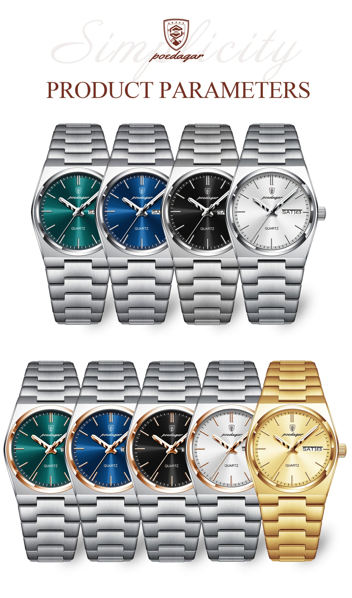 POEDAGAR Women's Elegant Green Luminous Calendar Watch - Waterproof Stainless Steel Ultra-Thin Quartz Wristwatch with Minimalist Design for Casual & Formal Wear, Casual Attire, Korean Fashion, Sleek Metallic Strap