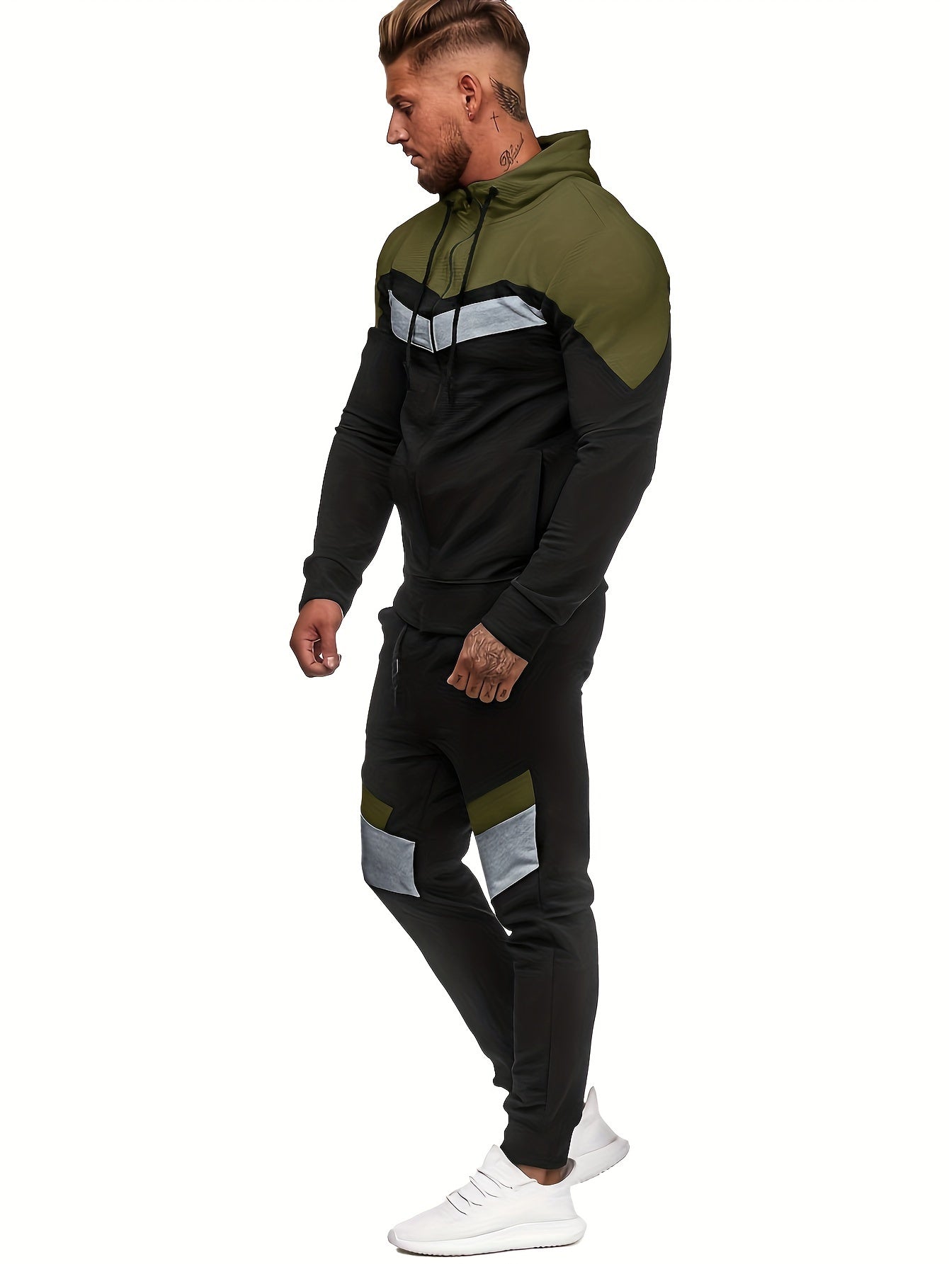 Men'S Autumn and Winter Fleece Sweatshirt Set with Hooded Drawstring Patchwork Sweatpants Casual Sporty Style Long Sleeve Jacket