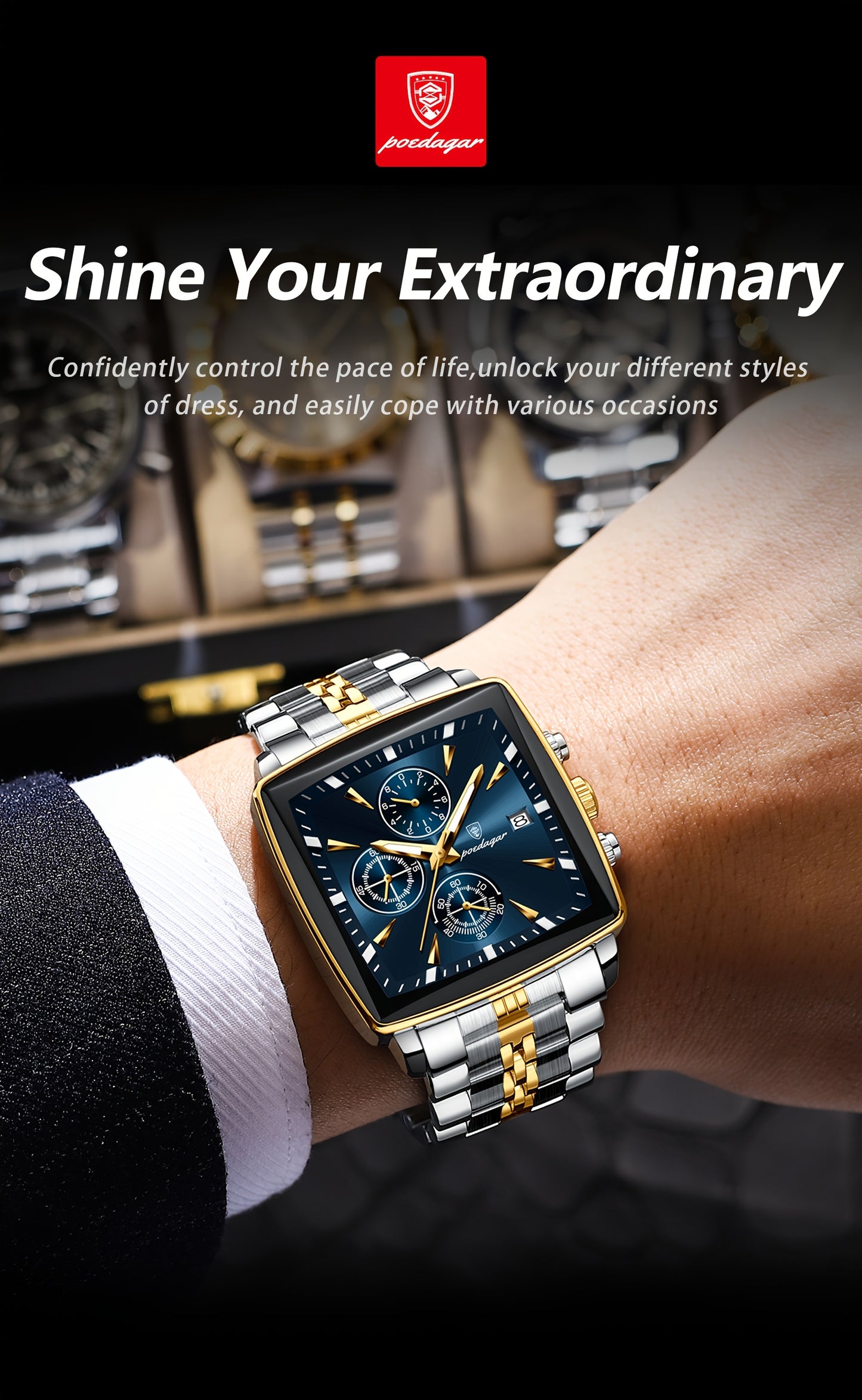 POEDAGAR Men's Stainless Steel Luminous Watch - Blue Dial Chronograph, High Quality Quartz Movement with Date Calendar, Golden-Tone Accents for Business Casual & Casual Attire, Formal Accessory, Stylish Accessory, Refined Cra