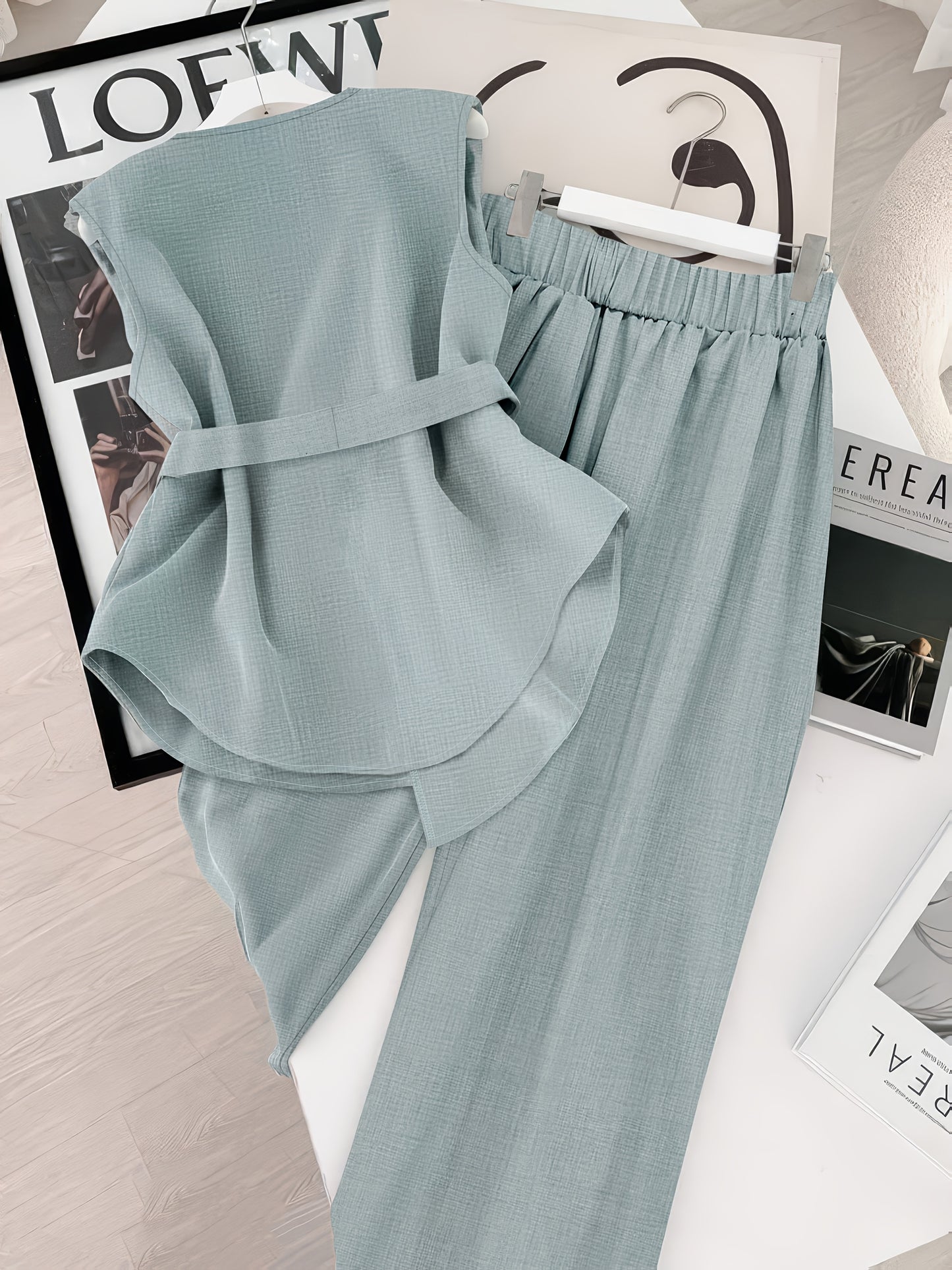 Stylish Design Solid Color Top and Wide-Leg Pants Set, Elegant Outfit