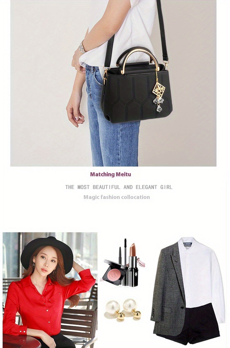 2025 New Women's Geometric Hexagon Pattern Crossbody Bag with Adjustable Strap & Golden-Tone Hardware - Zipper Closure, Polyester Lining, Multiple Colors (Khaki/Dark Gray/White/Pink/Red/Black) - Versatile for Casual & Formal