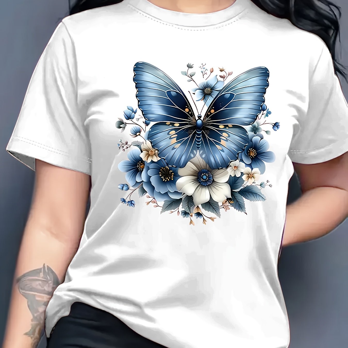 Women'S Floral Butterfly Print T-Shirt, Short Sleeve Crew Neck Casual Top for Spring & Summer, Vibrant Green with White & Blue Flowers, Perfect Birthday or Holiday Gift, Everyday Fashion | Vibrant Casual Top | Glossy Texture