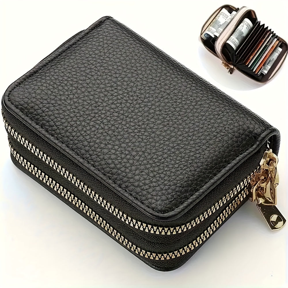 Fashion Double Zipper Wallet, Litchi Pattern Double Layer Short Credit Card Document Bag, Versatile Multicolor Coin Purse