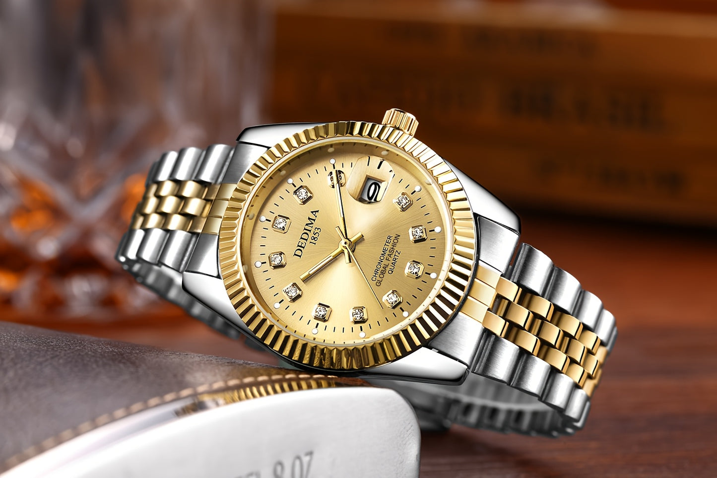 DEDIMA Elegant Stainless Steel Band Calendar Watch, Quartz Movement, Round Dial with Rhinestones, Battery-Powered, Non-Rechargeable Button Battery, Regular Cleaning, for Men, Women, Students, Christmas, Valentine'S Day, Thank