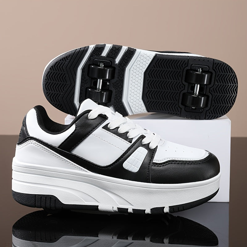 Boys' Fashion Roller Skate Footwear - Non-Slip Dual Wheel, Lace-Up with Durable Buckle Straps, Black & White, Suitable for All Seasons