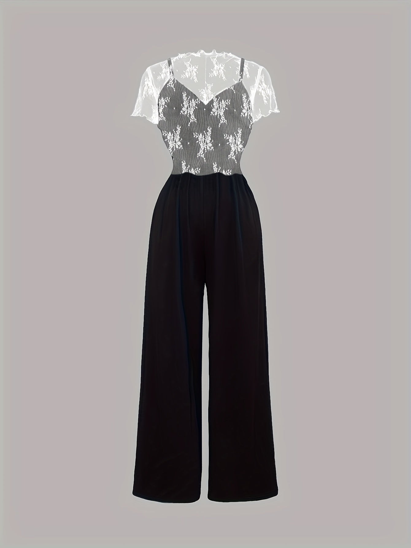 Elegant Mesh Long Sleeve Crop Top & Bodycon Wide-Leg Jumpsuit Set - Chic V-Neck, Ruched Detail, Black Mesh Blouse with Spaghetti Straps, Wide Leg Pants for Spring/Summer, Women'S Fashion, Clothing | Relaxed Fit | Chic Desig