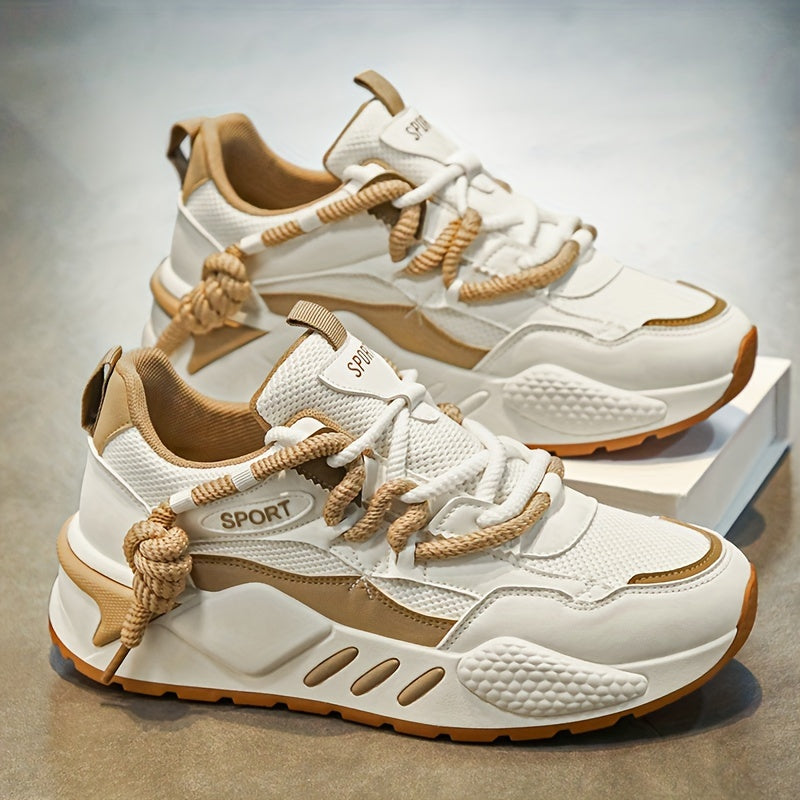Women's Lightweight Running Shoes - Breathable Mesh & PU Foam Upper, Neutral Support Design, All-Season Comfort with Durable Rubber Sole for Gym, Walking, Casual Wear - White & Beige, Gym Trainers | Sleek Trainers | Fabric In