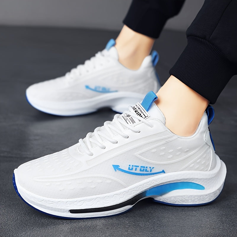 Men'S High-Top Lace-Up Athletic Sneakers - Breathable Fabric, PVC Sole, EVA Insole, Stylish Blue & White Design for Casual and Outdoor Activities, Everyday Sneakers | Sporty Casual Shoes | Durable PVC Sole