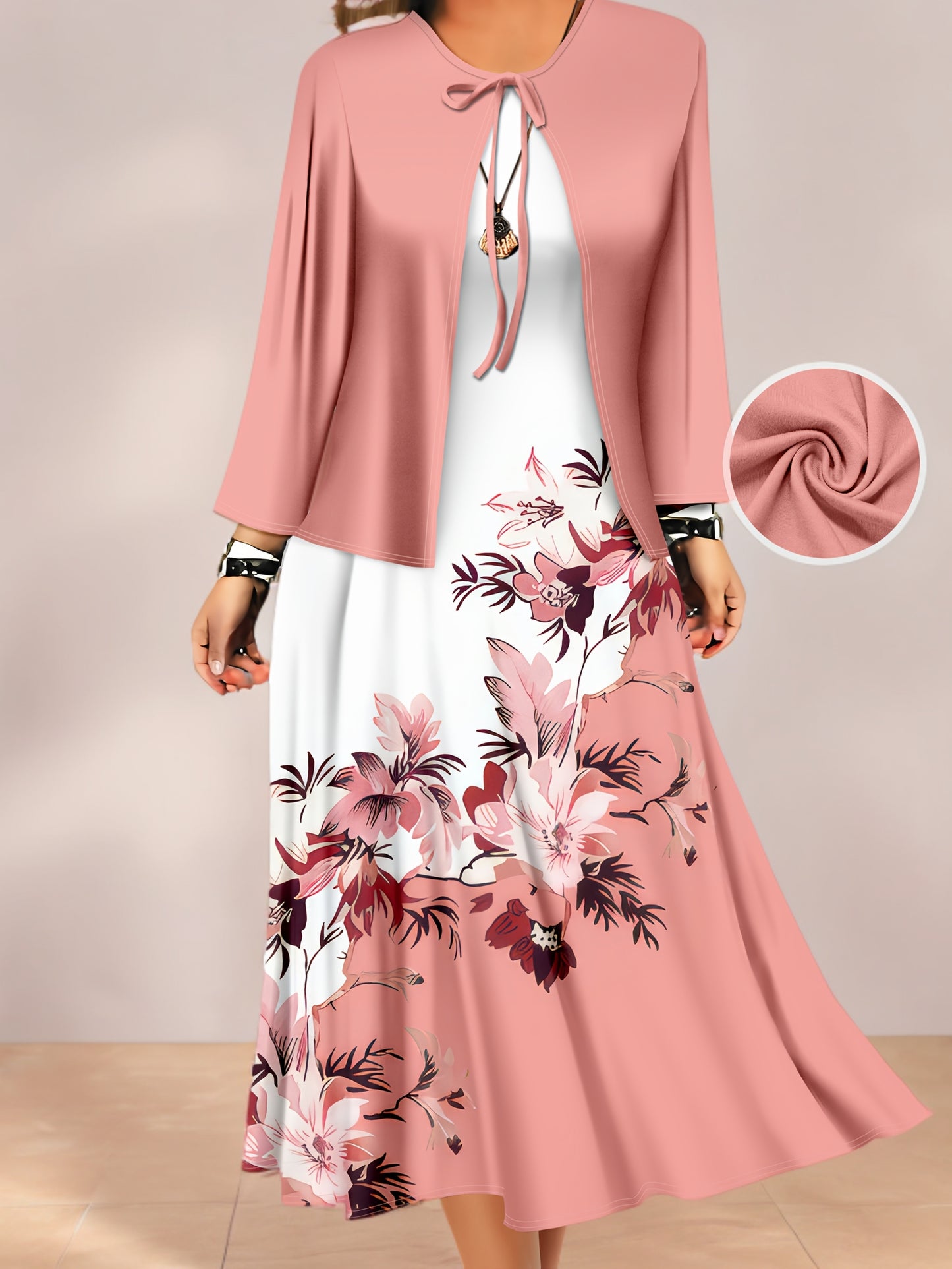 Fashion Women's solid color small cardigan and floral print patchwork dress two-piece set