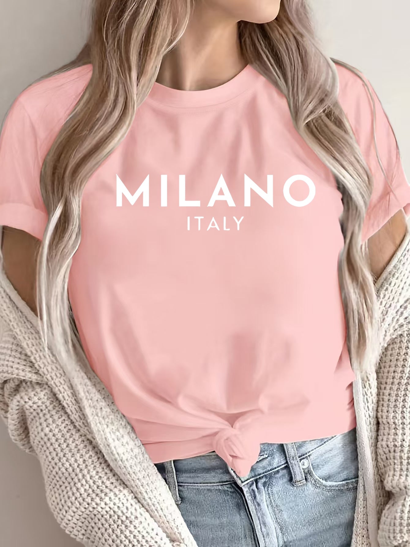Women'S Casual Polyester T-Shirt with "Milano Italy" Letter Print, Short Sleeve Crew Neck Top, All-Season Knit Fabric Tee, Regular Length - 180gsm