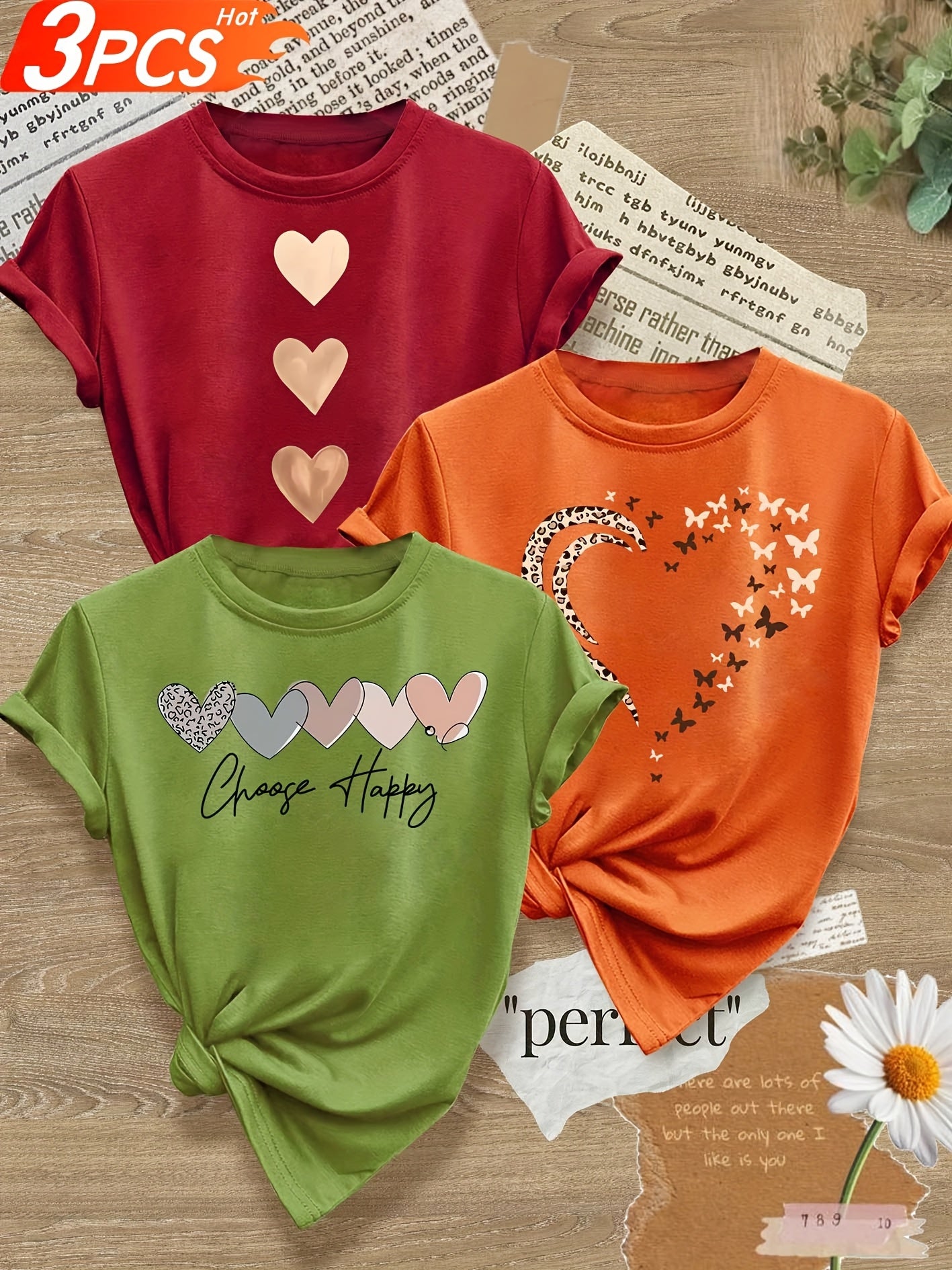 Leopard Print Small Butterfly Love Hearts in Pairs with English Letter Pattern Printed Fashion Retro Style Women's Spring, Autumn and Winter Casual Sports Top Round Neck Short Sleeve T-shirt 3pcs Combination Pack Family Pack