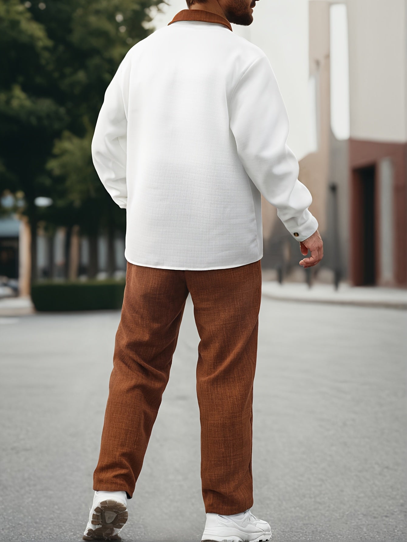 New Autumn And Winter Two-Piece Set Featuring a Color-Blocked Long-Sleeve Shirt with a Suit Collar And Straight-Leg Casual Trousers.