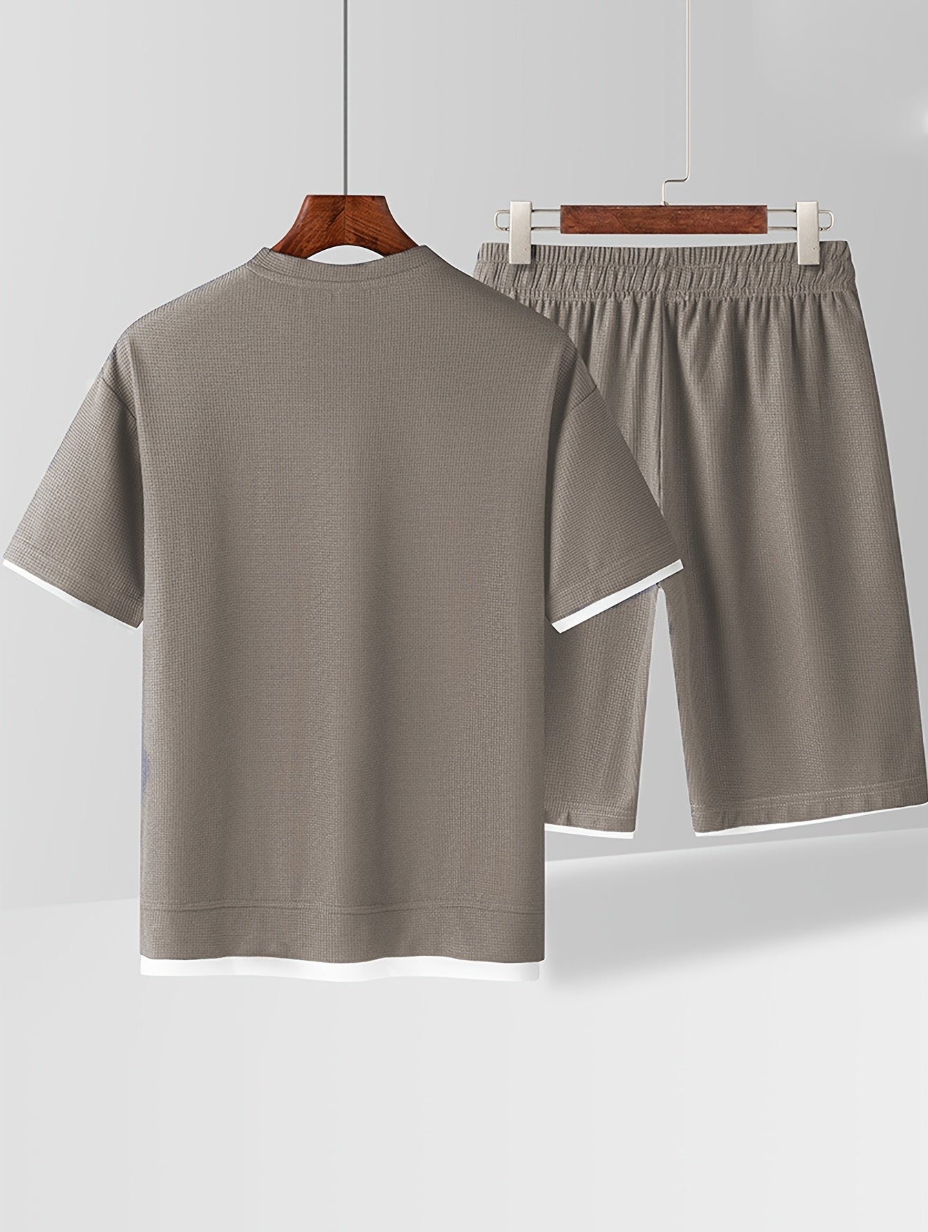 Waffle short-sleeved T-shirt Men's casual sports suit summer loose fake two-piece half-sleeve T-shirt set