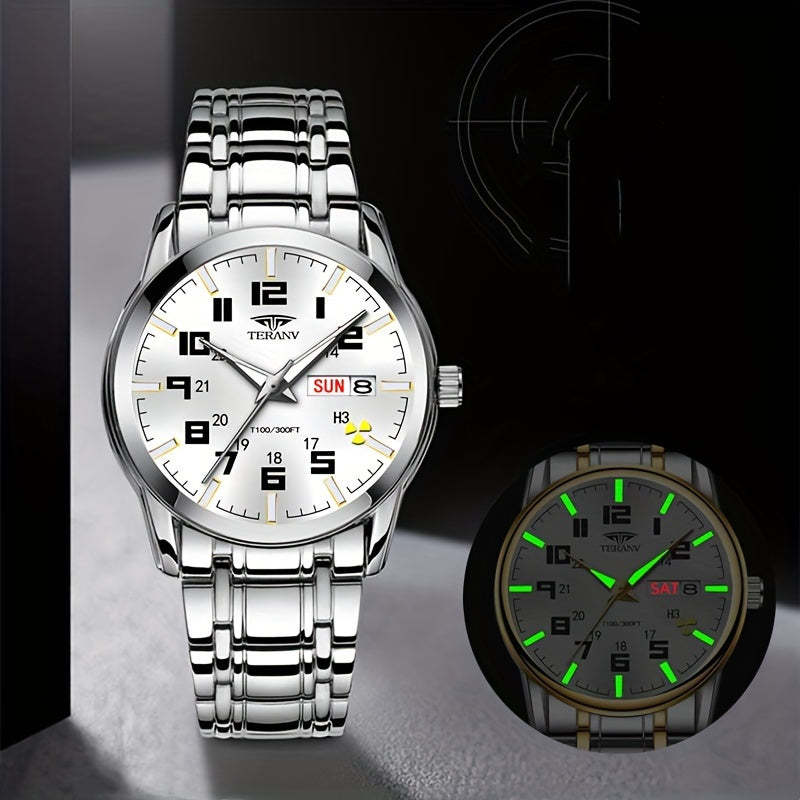 1pc New Stainless Steel with Digital Men's Watch Calendar Week Display Fashion Trend Life Travel Luminous Casual Sport Business Watch Ideal for Birthday Gifts Holiday Gifts Gifts