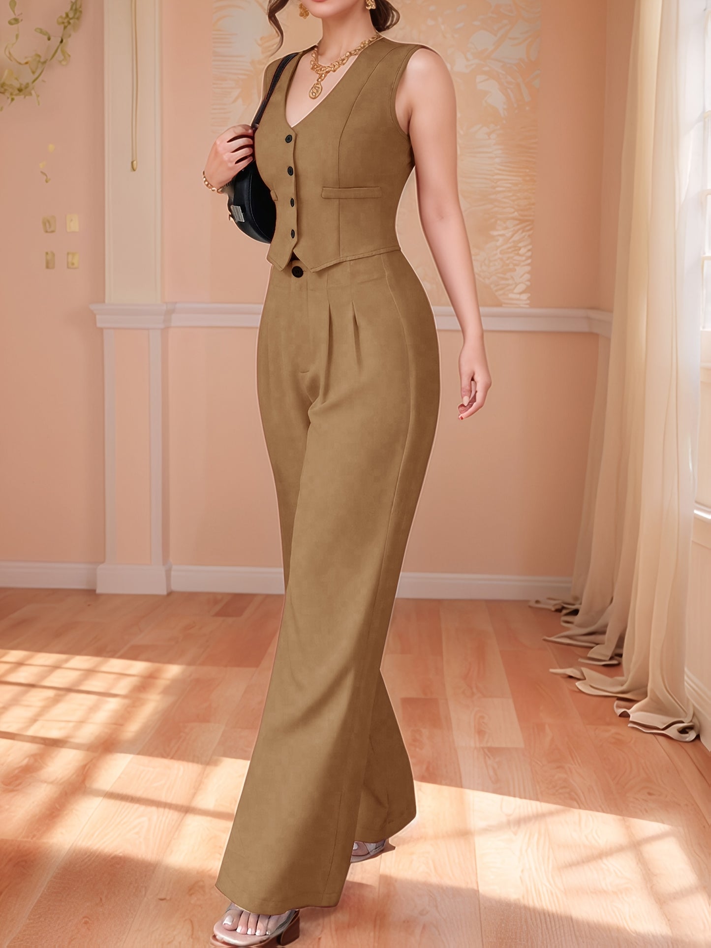 Design-Savvy Red Mini-Chic Sleeveless Suit Vest and Wide-Leg Pants Two-Piece Set