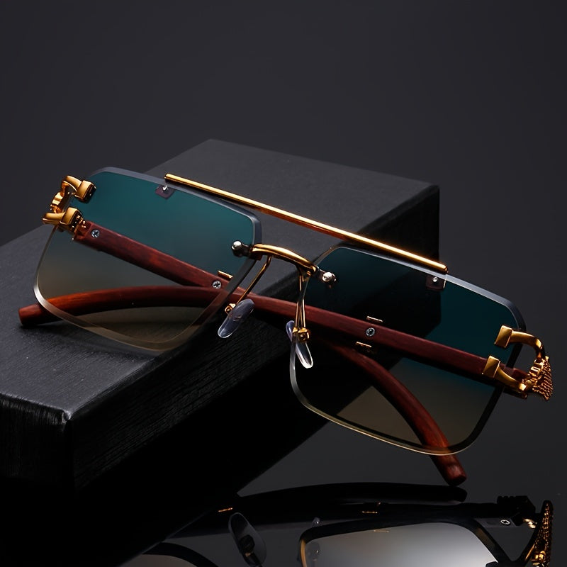 Elegant Rimless Pilot-Style Fashion Glasses for Men & Women - Golden Leopard Print with Green Gradient Lenses, Lightweight Metal Frame, Ideal for Beach Parties & Travel