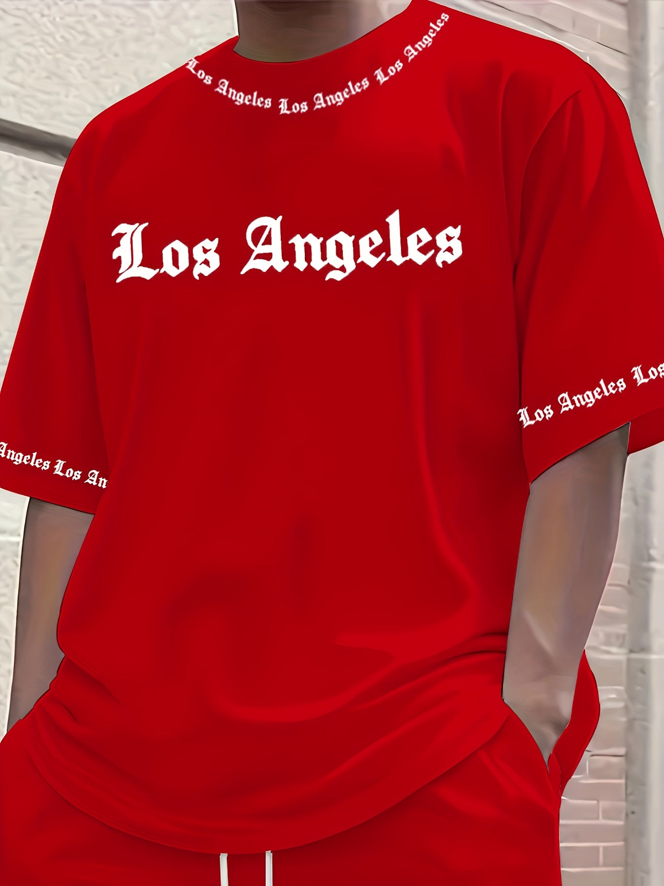 Men'S Los Angeles Graphic Print Casual Sportswear Set - Breathable Summer Short Sleeve T-Shirt & Drawstring Shorts with Pockets, Regular Fit, Crew Neck, Comfortable & Stylish for Casual Attire, Leisure Clothing | Trendy Sport