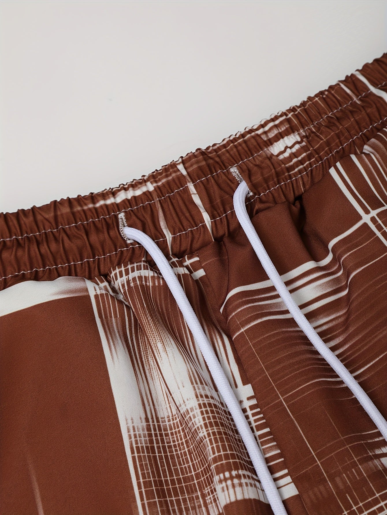 Men'S Stylish Gradient Shirt Set - Brown & White Geometric Pattern, Short Sleeve with Pocket, Loose Fit Shorts, Perfect for Beach, Camping, Fishing & Outdoor Activities, Casual Attire|Geometric Pattern Shirt|Woven Fabri