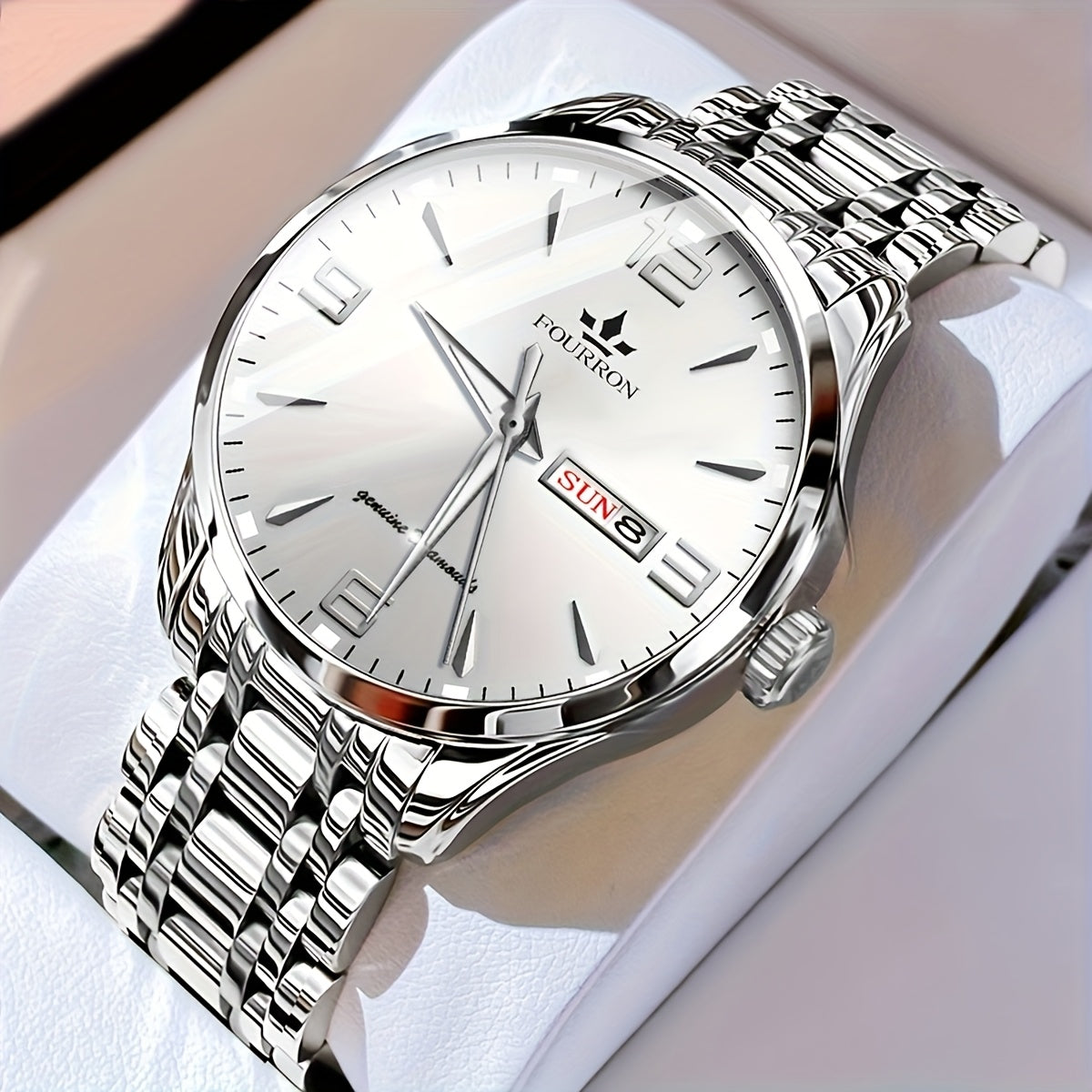1pc New FOURRON Men's Stainless Steel Strap Quartz Watch - Large HD Scratch Resistant and Wear-Resistant Dial, IPX7 Waterproof, Luminous, Date & Calendar Function, Silent Movement, Stylish Gift for Him
