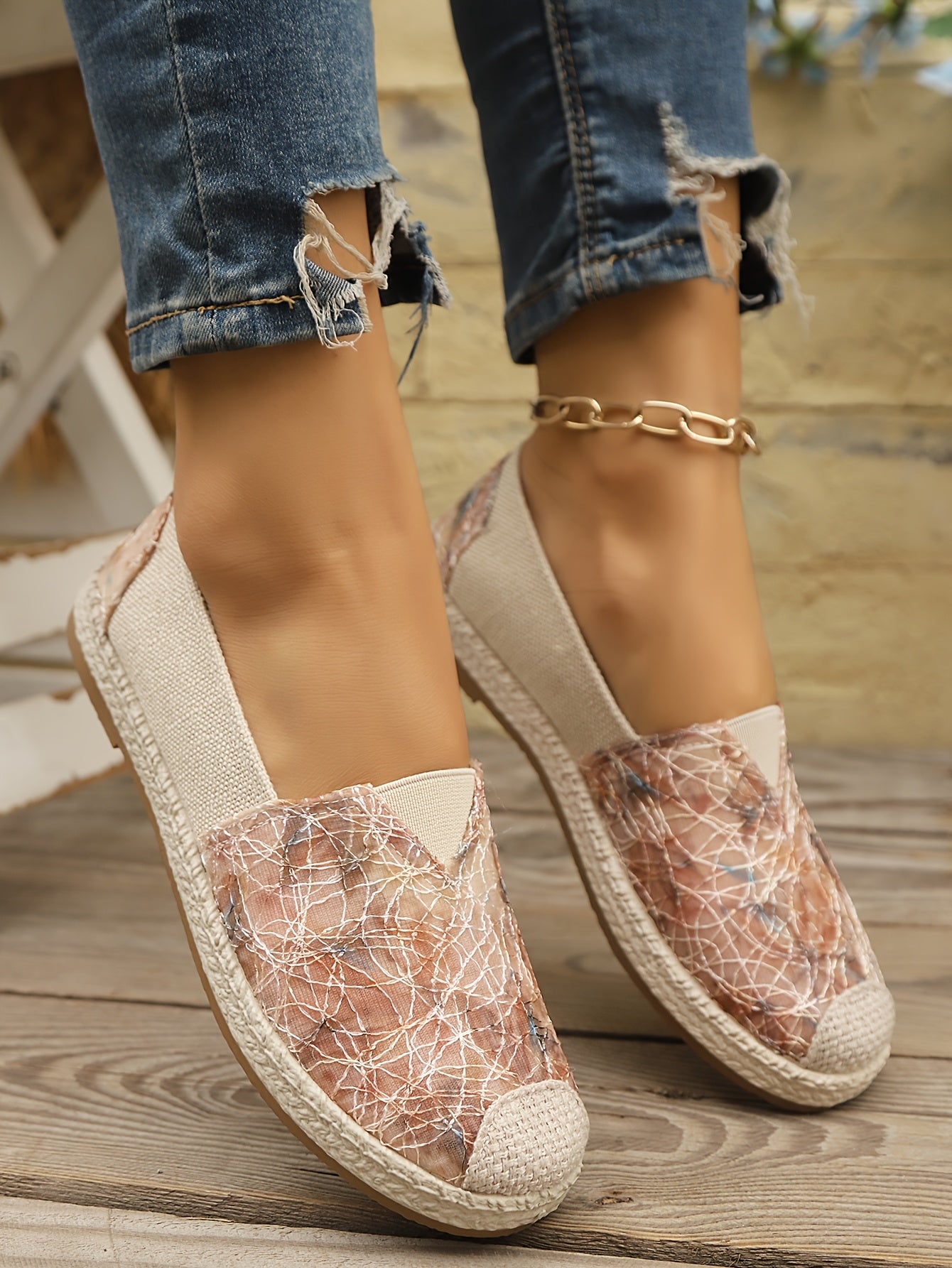 Women's Breathable Slip-On Loafers - Soft Sole Casual Walking Shoes, Lightweight & Comfortable, Beige Floral Pattern Fabric Upper, PU Cover Sole, Perfect for Casual Attire, Allseason Loafers | Slipon Comfort | Soft Sole Shoes
