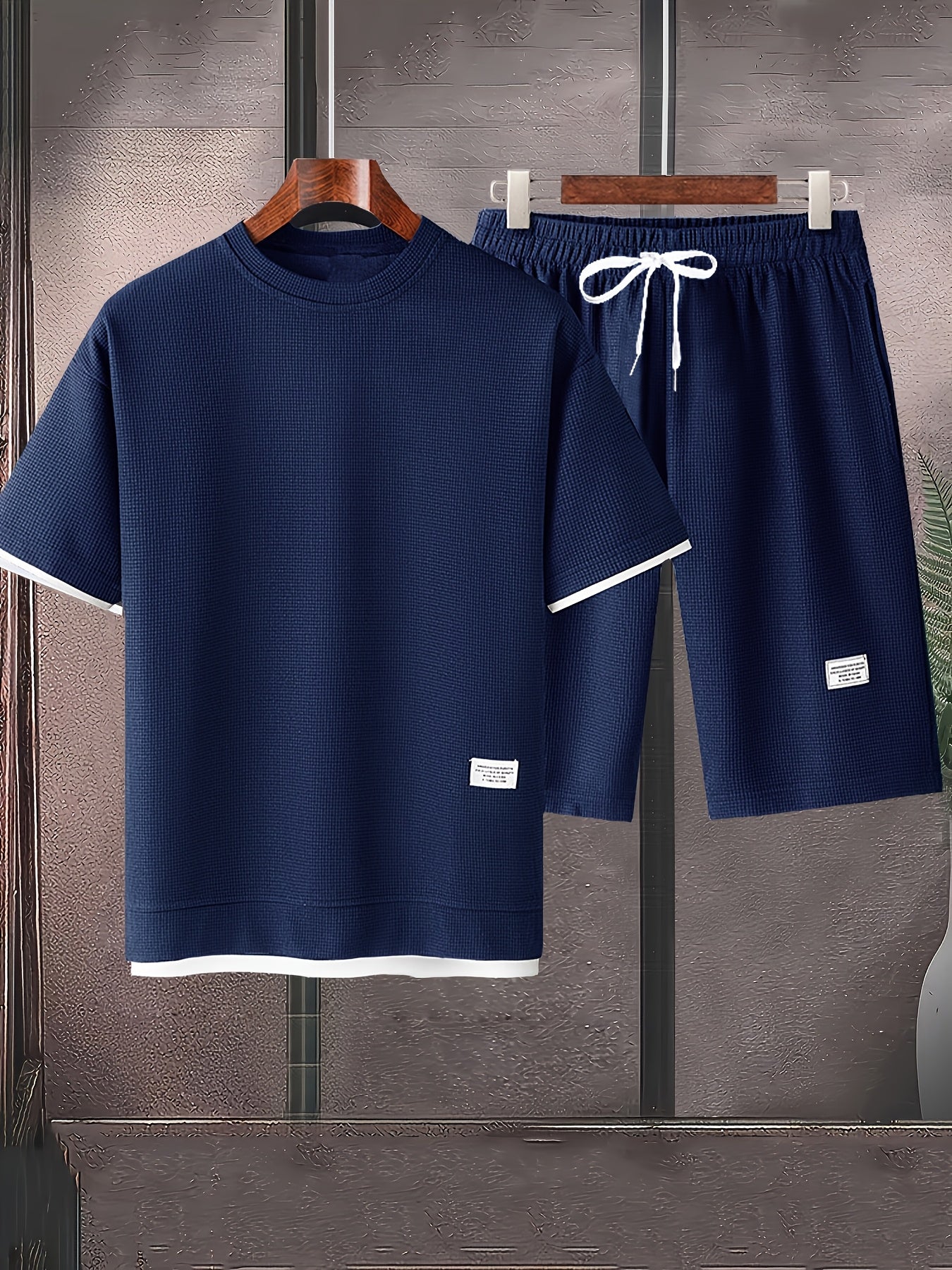 Waffle short-sleeved T-shirt Men's casual sports suit summer loose fake two-piece half-sleeve T-shirt set