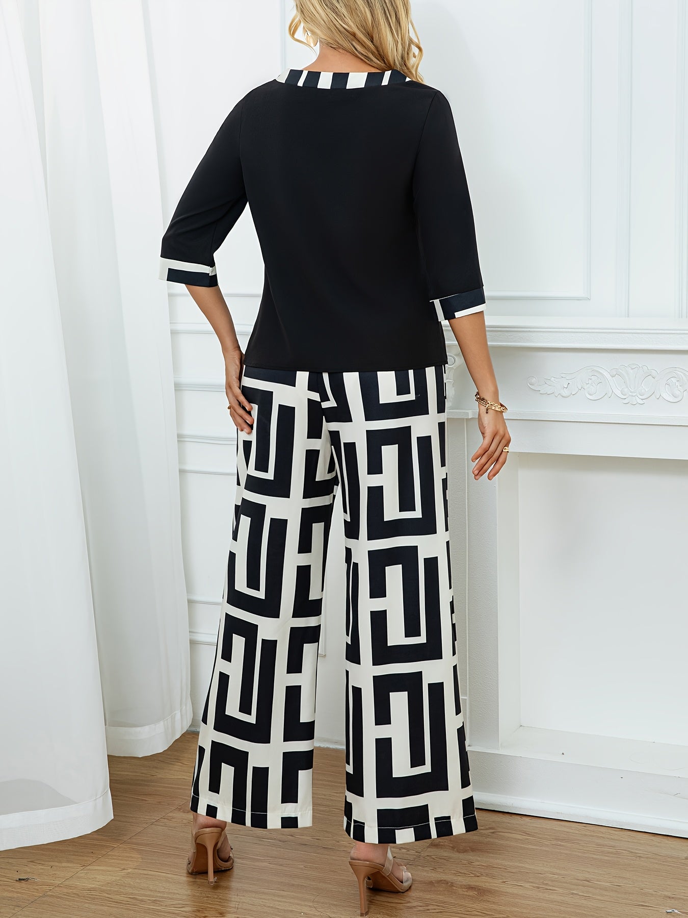 Women's Elegant Spliced Round Neck Top + Geometric Print Wide-Leg Pants Two-Piece Set